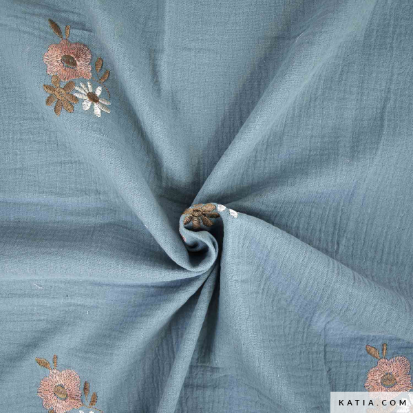 MUSELINA BORDADA MOTIVOS FLORALES - AZUL