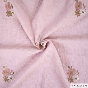 MUSELINA BORDADA MOTIVOS FLORALES - ROSA