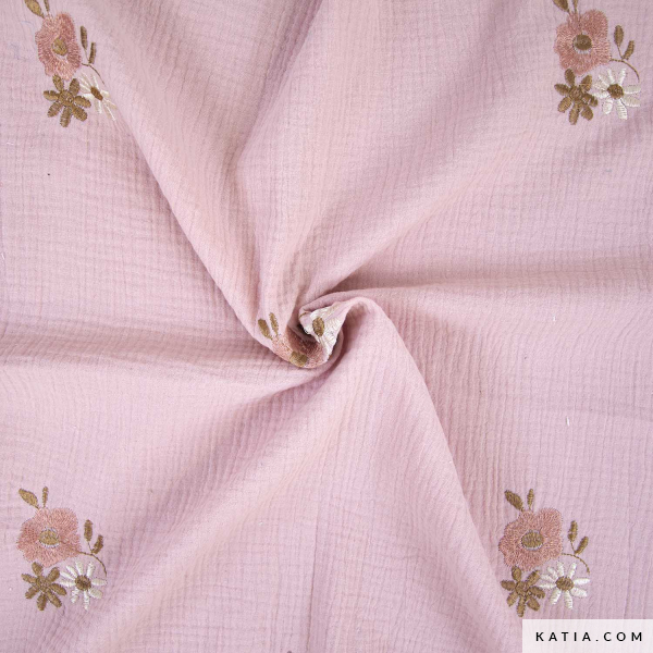 MUSELINA BORDADA MOTIVOS FLORALES - ROSA